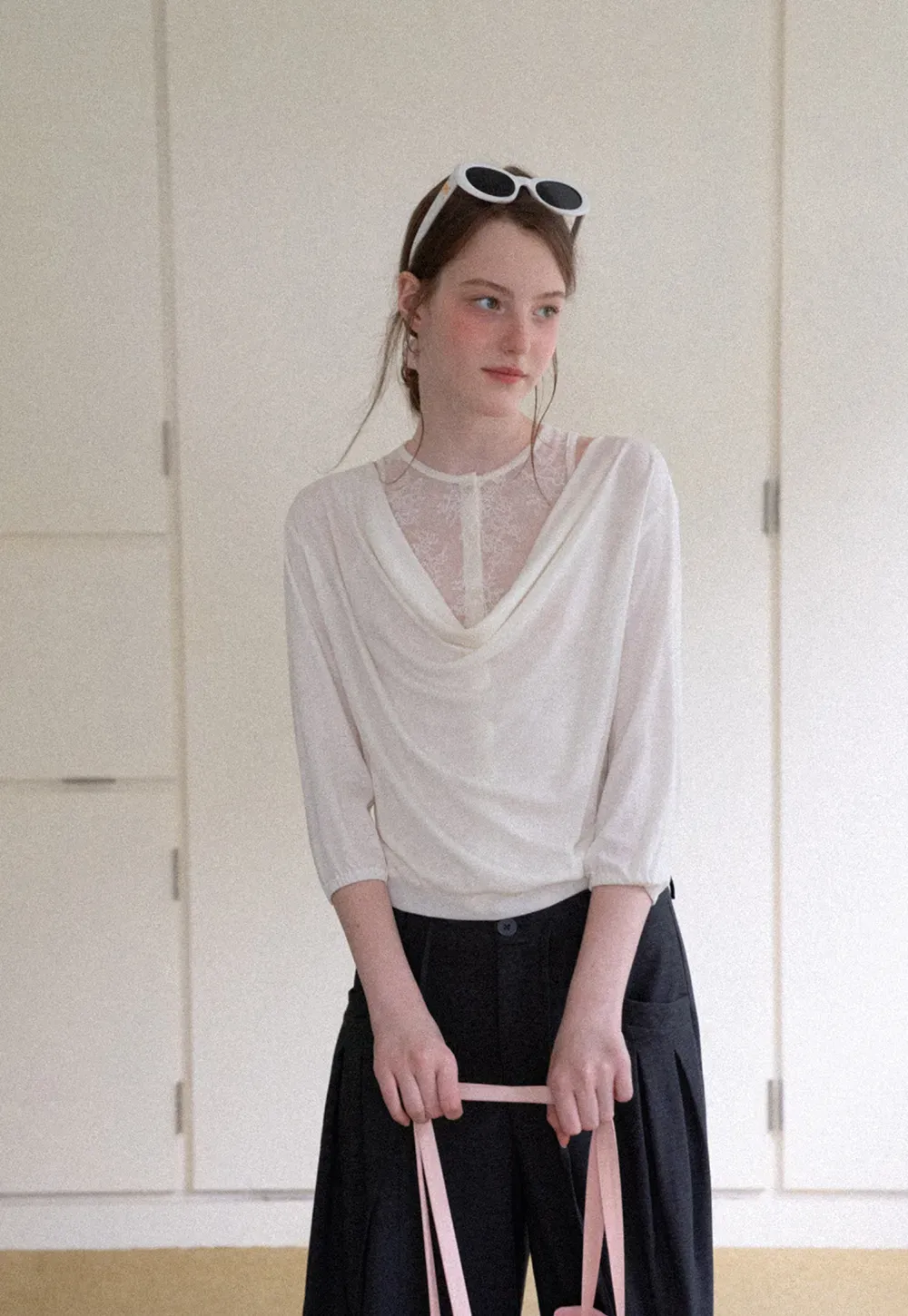 Lace Panel V Neck Draped Sleeve Top