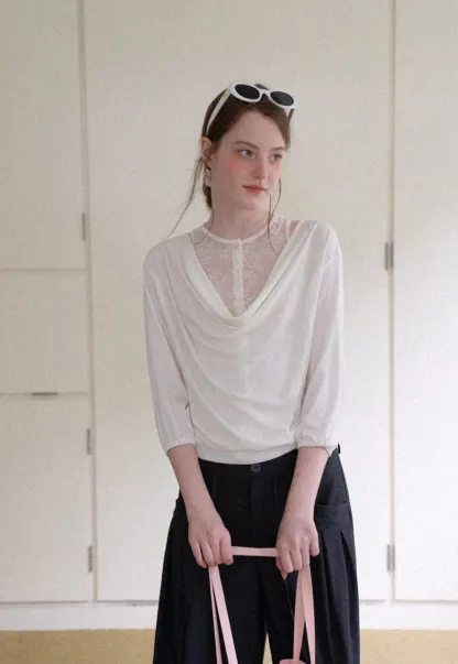 Lace Panel V Neck Draped Sleeve Top