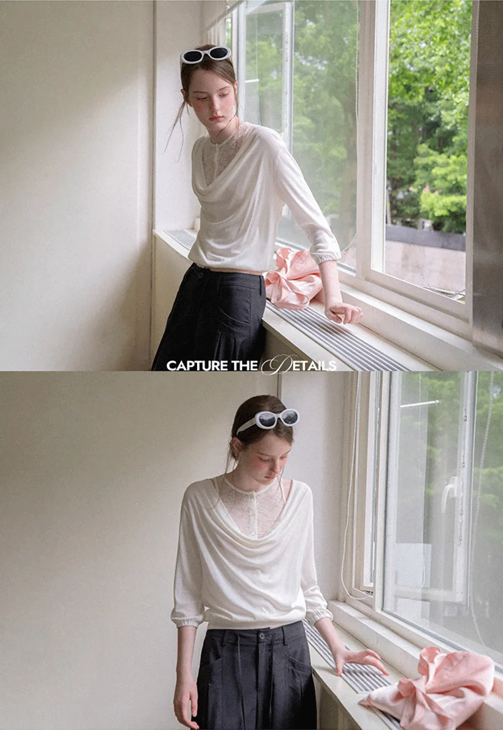 Lace Panel V Neck Draped Sleeve Top