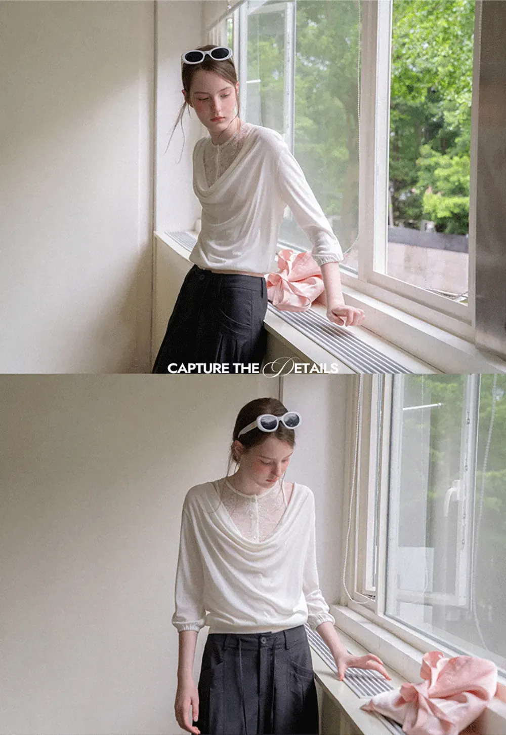 Lace Panel V Neck Draped Sleeve Top