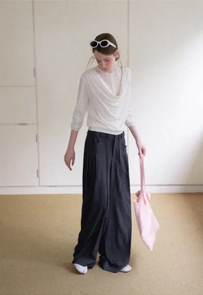 Lace Panel V Neck Draped Sleeve Top