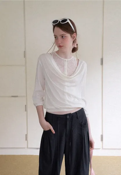 Lace Panel V Neck Draped Sleeve Top