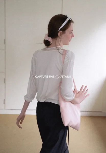 Lace Panel V Neck Draped Sleeve Top