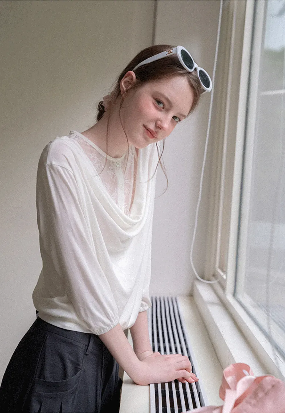 Lace Panel V Neck Draped Sleeve Top