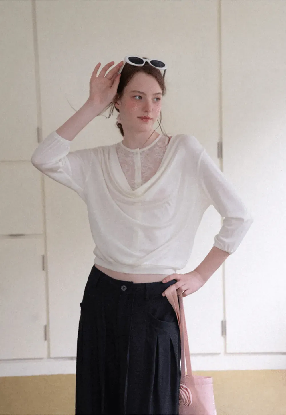 Lace Panel V Neck Draped Sleeve Top