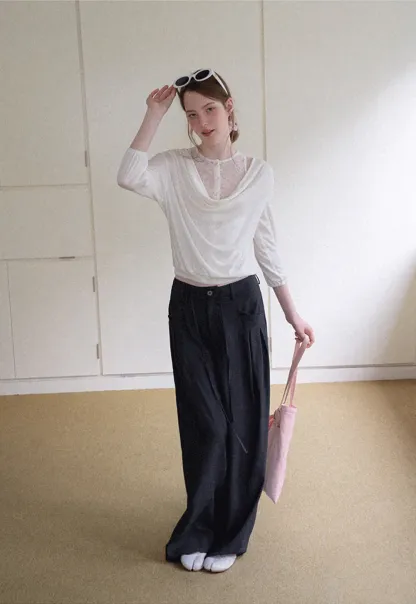 Lace Panel V Neck Draped Sleeve Top