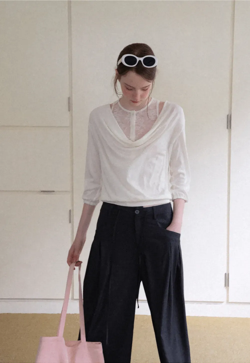 Lace Panel V Neck Draped Sleeve Top