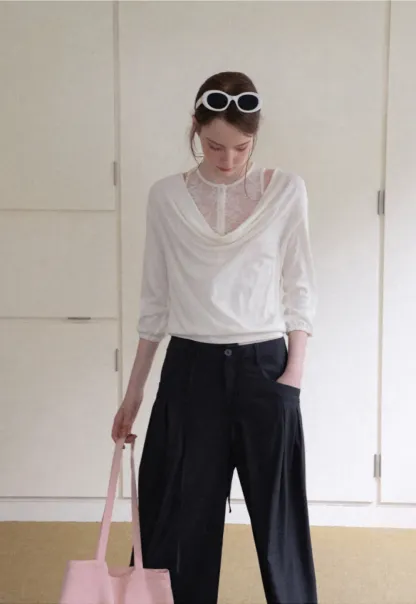 Lace Panel V Neck Draped Sleeve Top