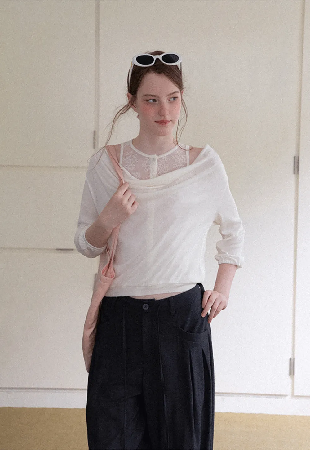 Lace Panel V Neck Draped Sleeve Top