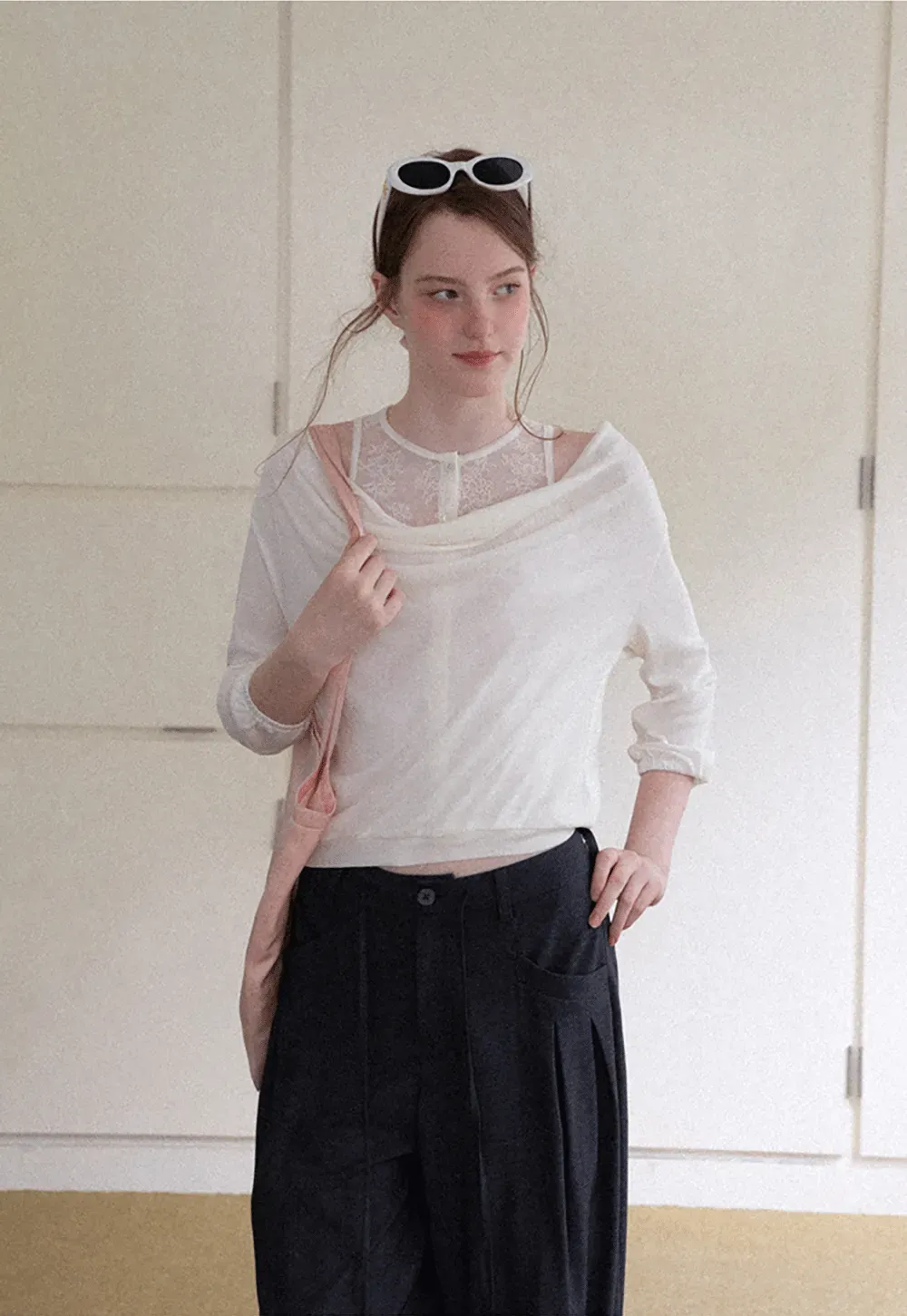 Lace Panel V Neck Draped Sleeve Top