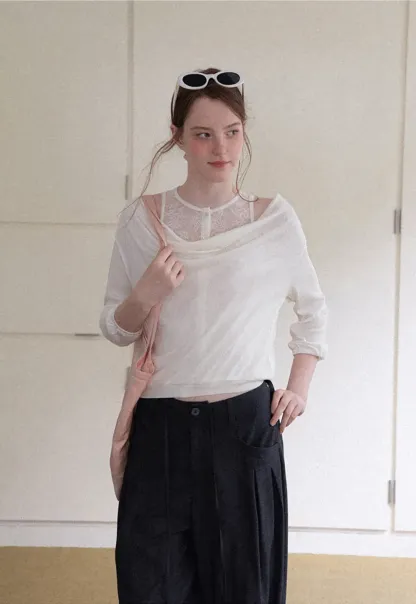 Lace Panel V Neck Draped Sleeve Top