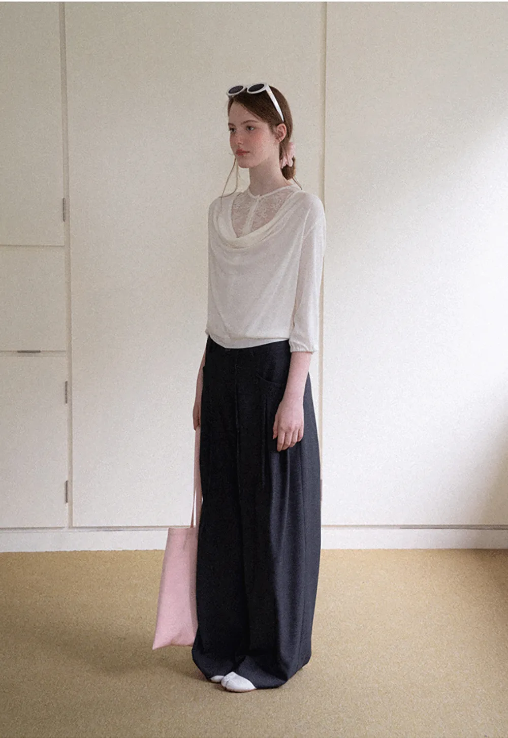 Lace Panel V Neck Draped Sleeve Top