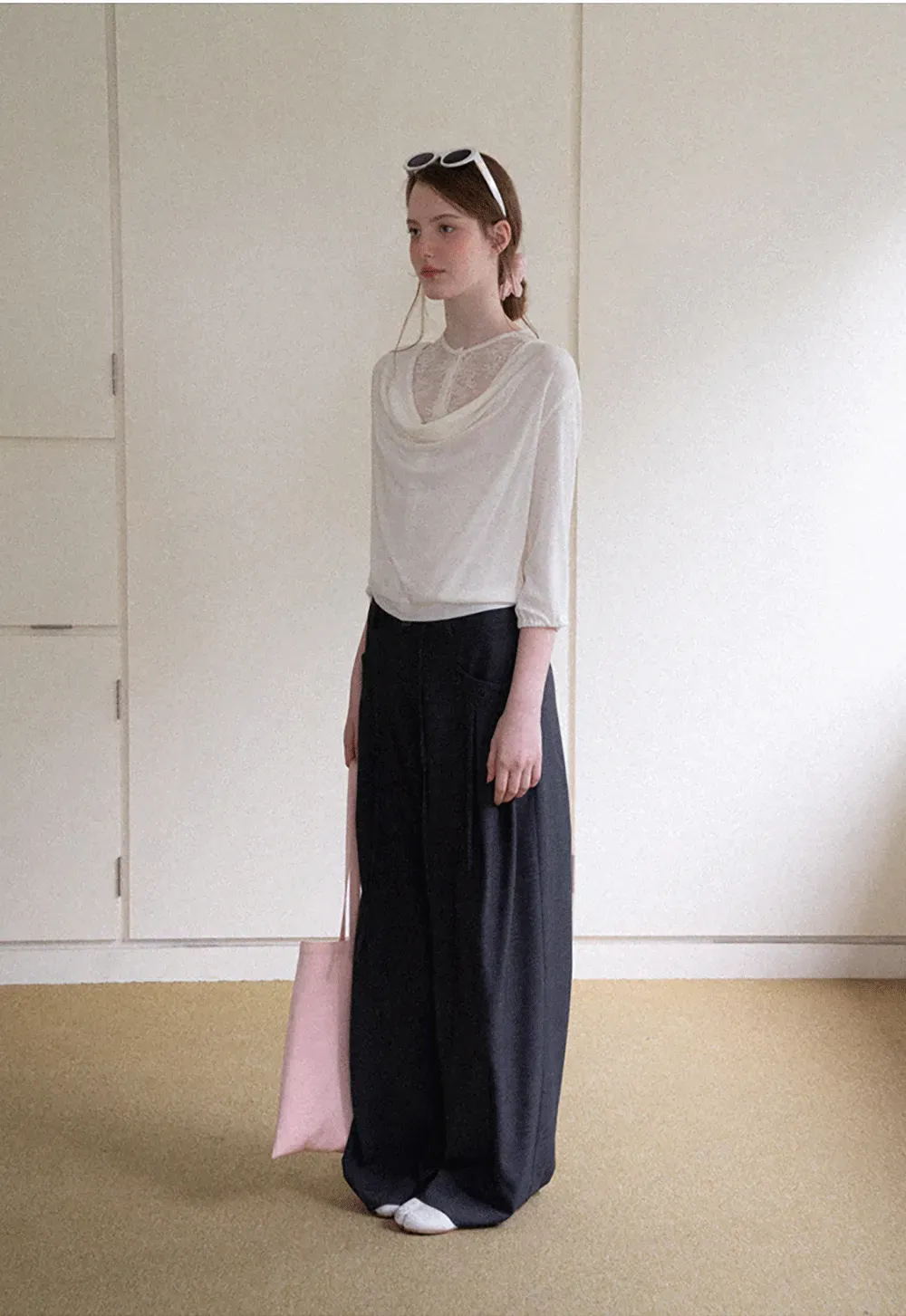Lace Panel V Neck Draped Sleeve Top