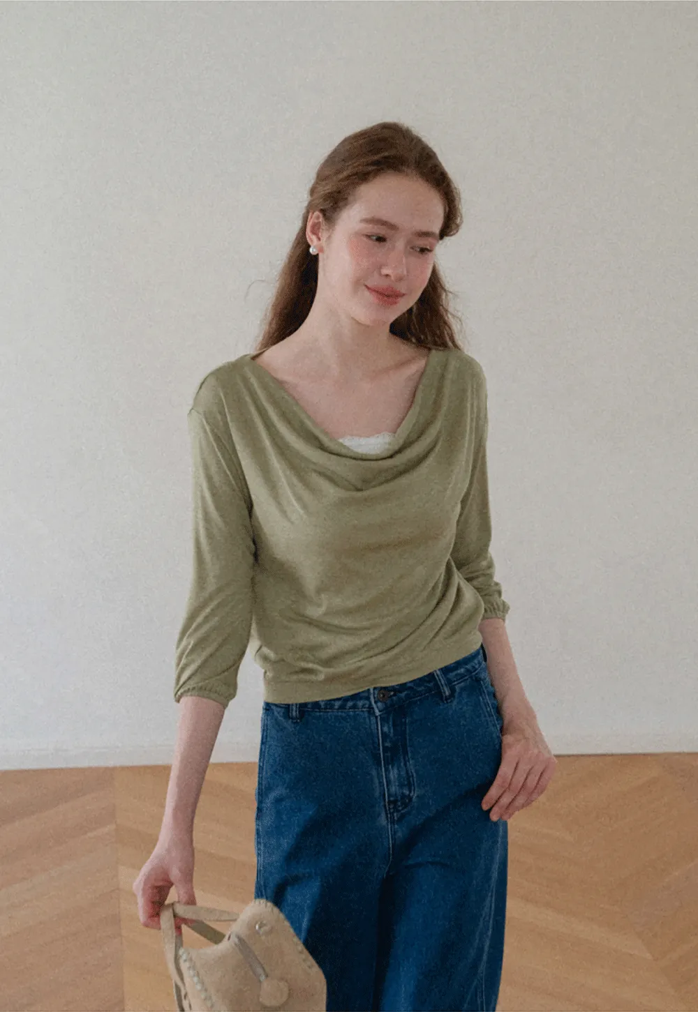 Lace Panel V Neck Draped Sleeve Top