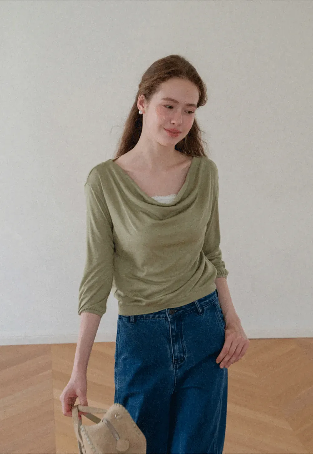 Lace Panel V Neck Draped Sleeve Top