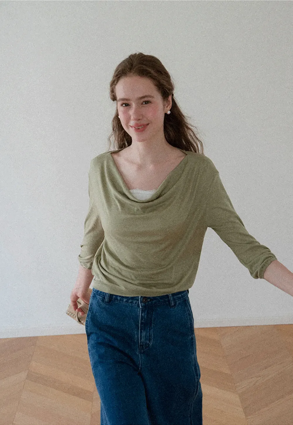 Lace Panel V Neck Draped Sleeve Top