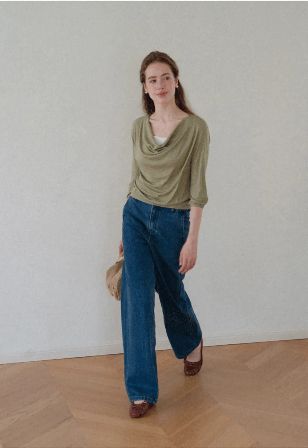 Lace Panel V Neck Draped Sleeve Top