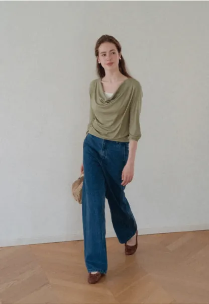 Lace Panel V Neck Draped Sleeve Top