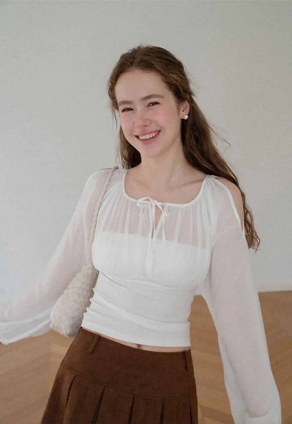 Sheer Long Sleeve Cold Shoulder Blouse