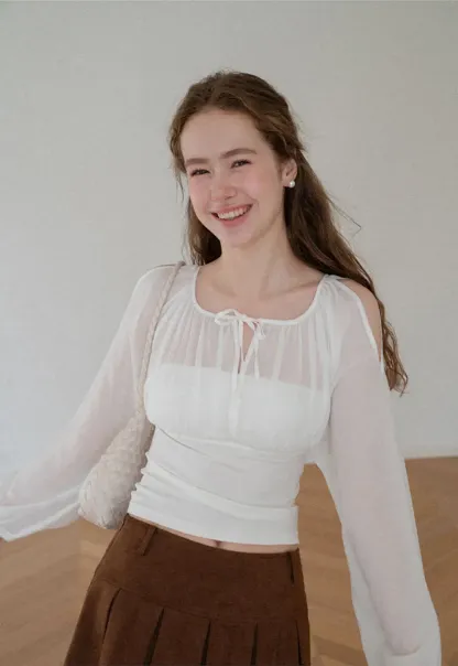 Sheer Long Sleeve Cold Shoulder Blouse