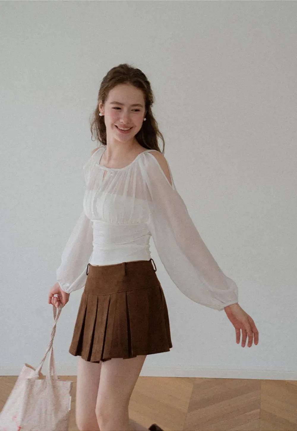 Sheer Long Sleeve Cold Shoulder Blouse