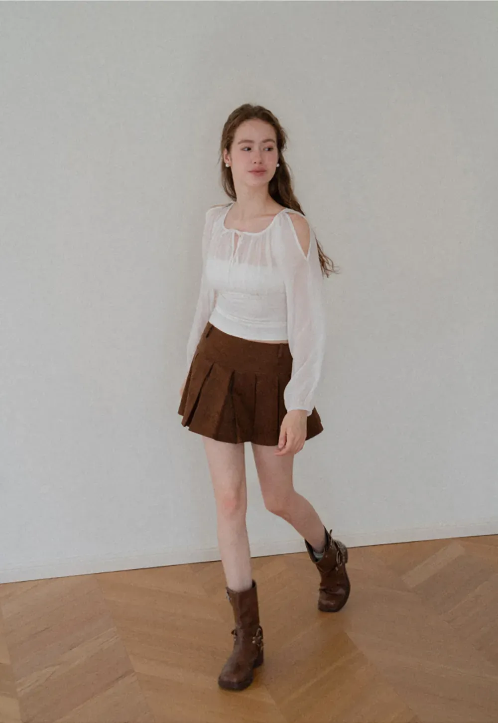Sheer Long Sleeve Cold Shoulder Blouse