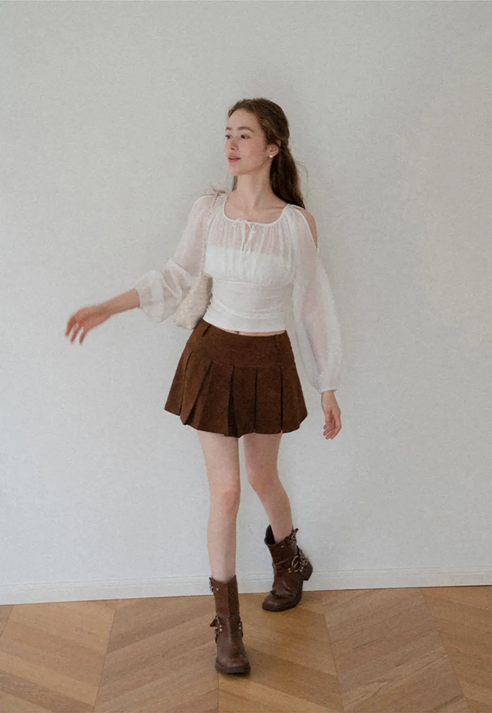 Sheer Long Sleeve Cold Shoulder Blouse