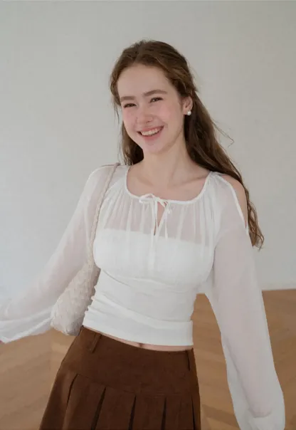 Sheer Long Sleeve Cold Shoulder Blouse