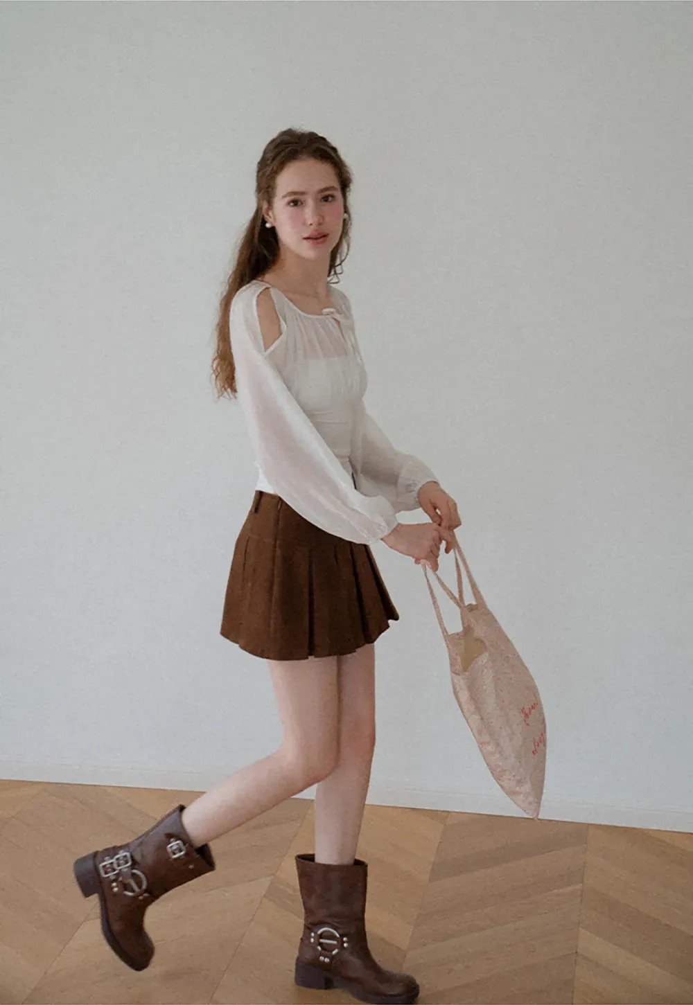 Sheer Long Sleeve Cold Shoulder Blouse
