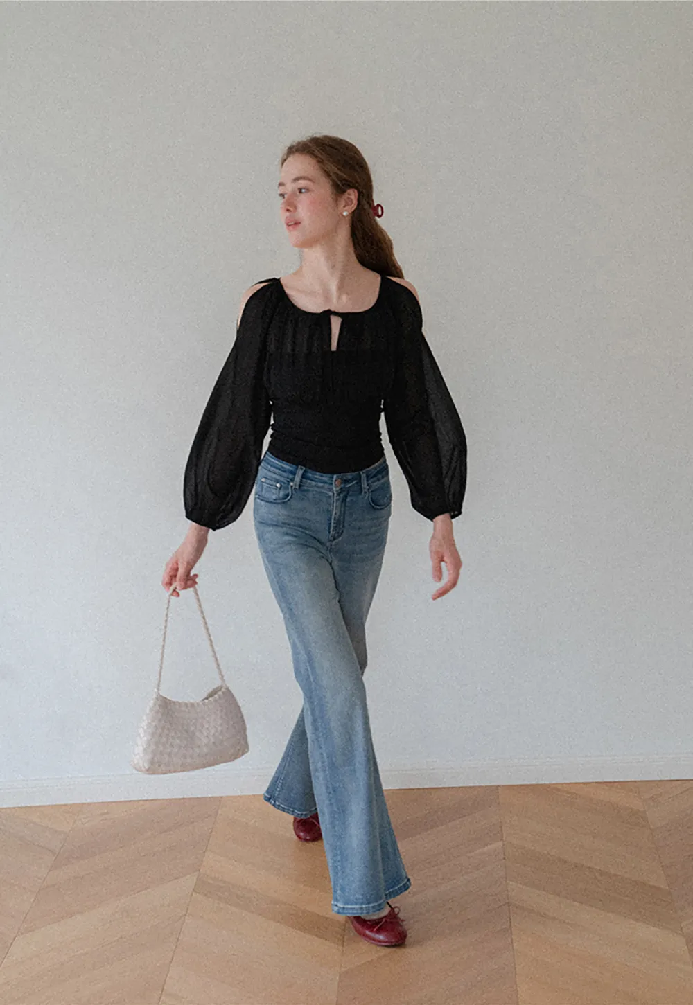 Sheer Long Sleeve Cold Shoulder Blouse