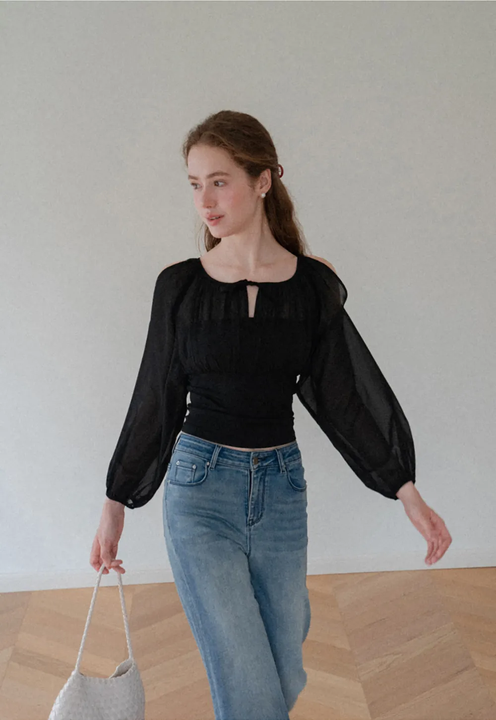Sheer Long Sleeve Cold Shoulder Blouse