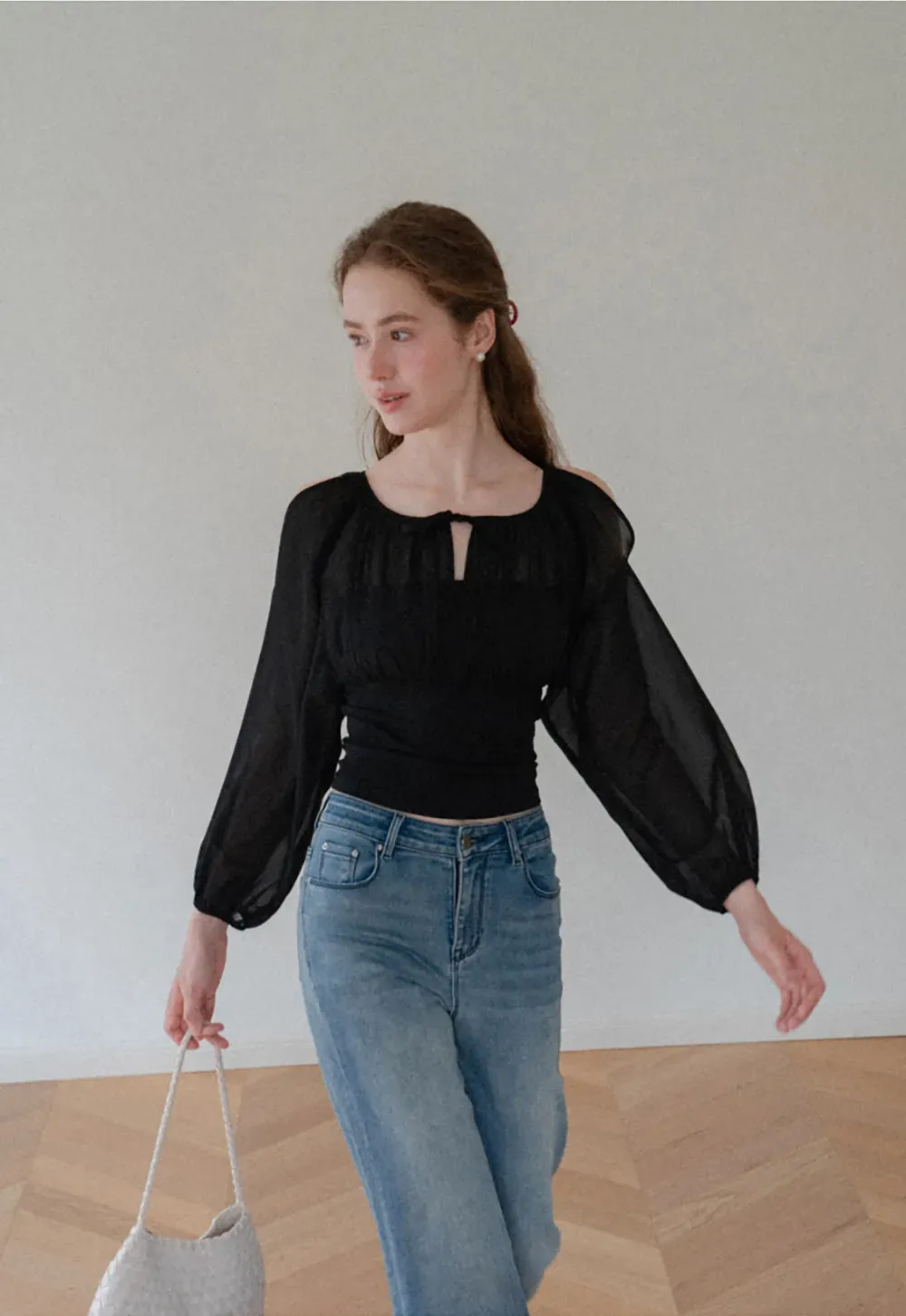 Sheer Long Sleeve Cold Shoulder Blouse