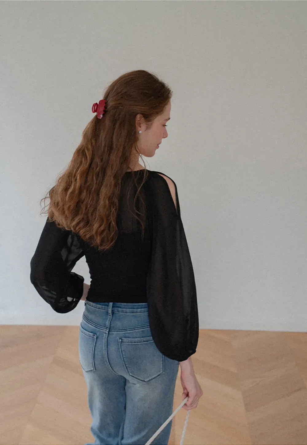 Sheer Long Sleeve Cold Shoulder Blouse
