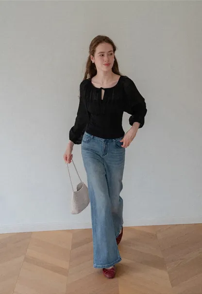 Sheer Long Sleeve Cold Shoulder Blouse
