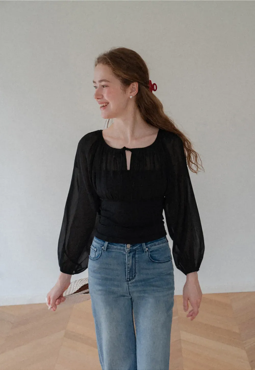 Sheer Long Sleeve Cold Shoulder Blouse