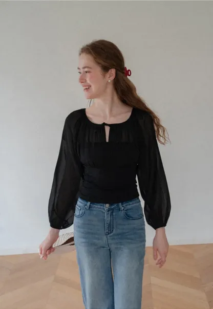 Sheer Long Sleeve Cold Shoulder Blouse