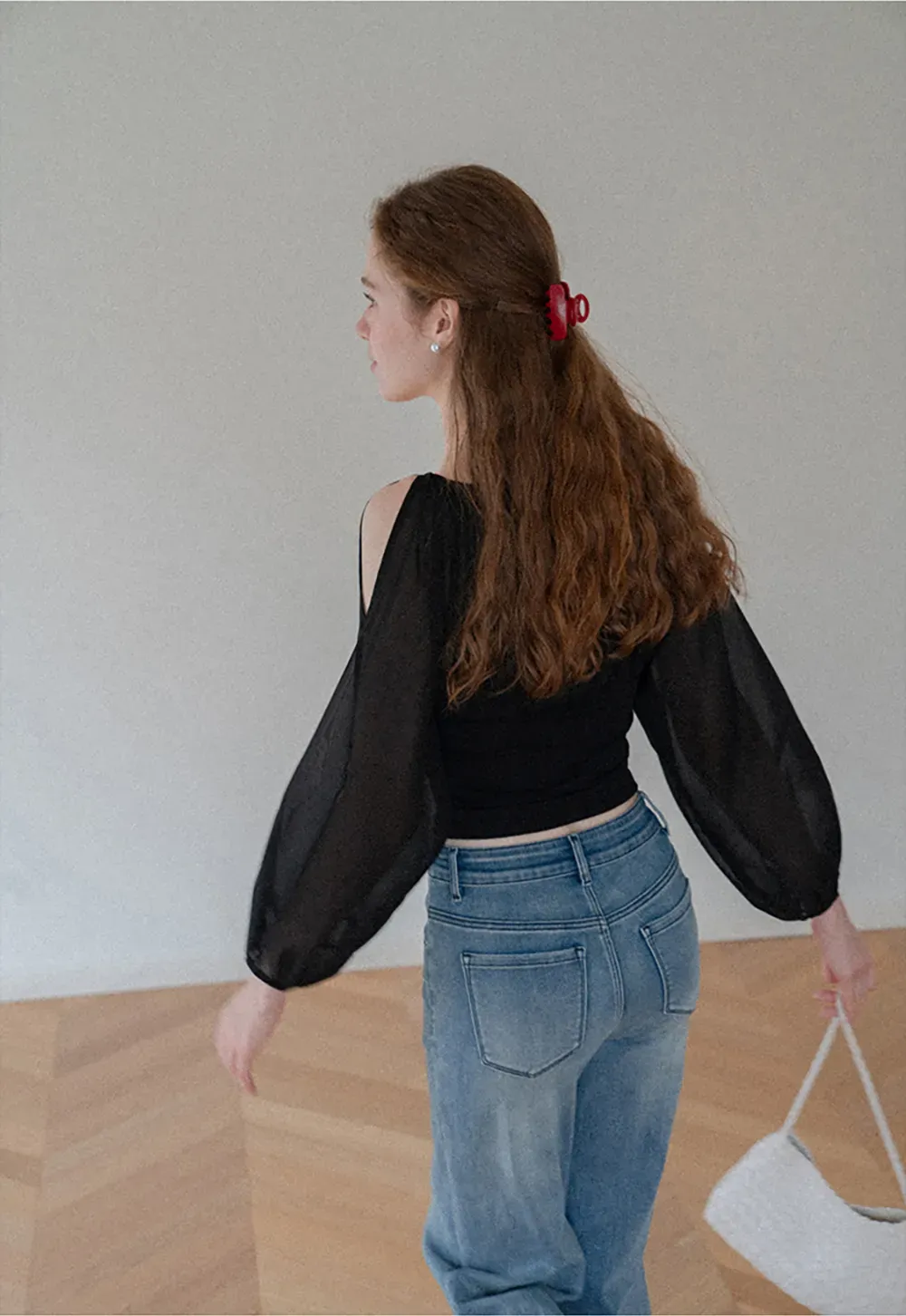 Sheer Long Sleeve Cold Shoulder Blouse