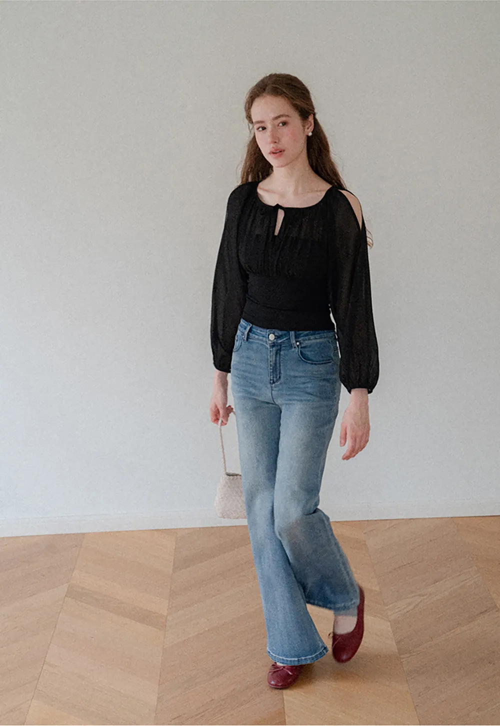 Sheer Long Sleeve Cold Shoulder Blouse