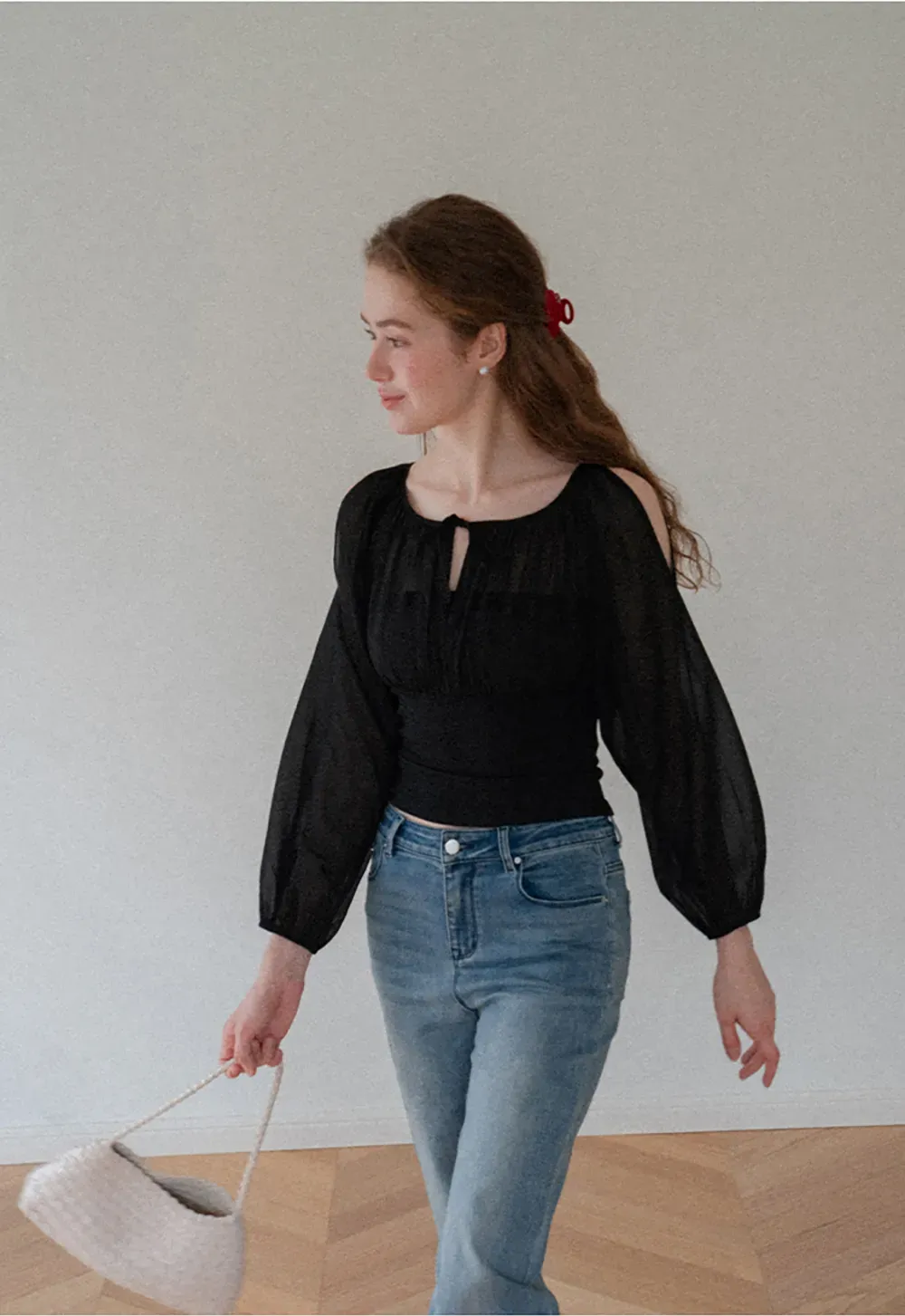 Sheer Long Sleeve Cold Shoulder Blouse