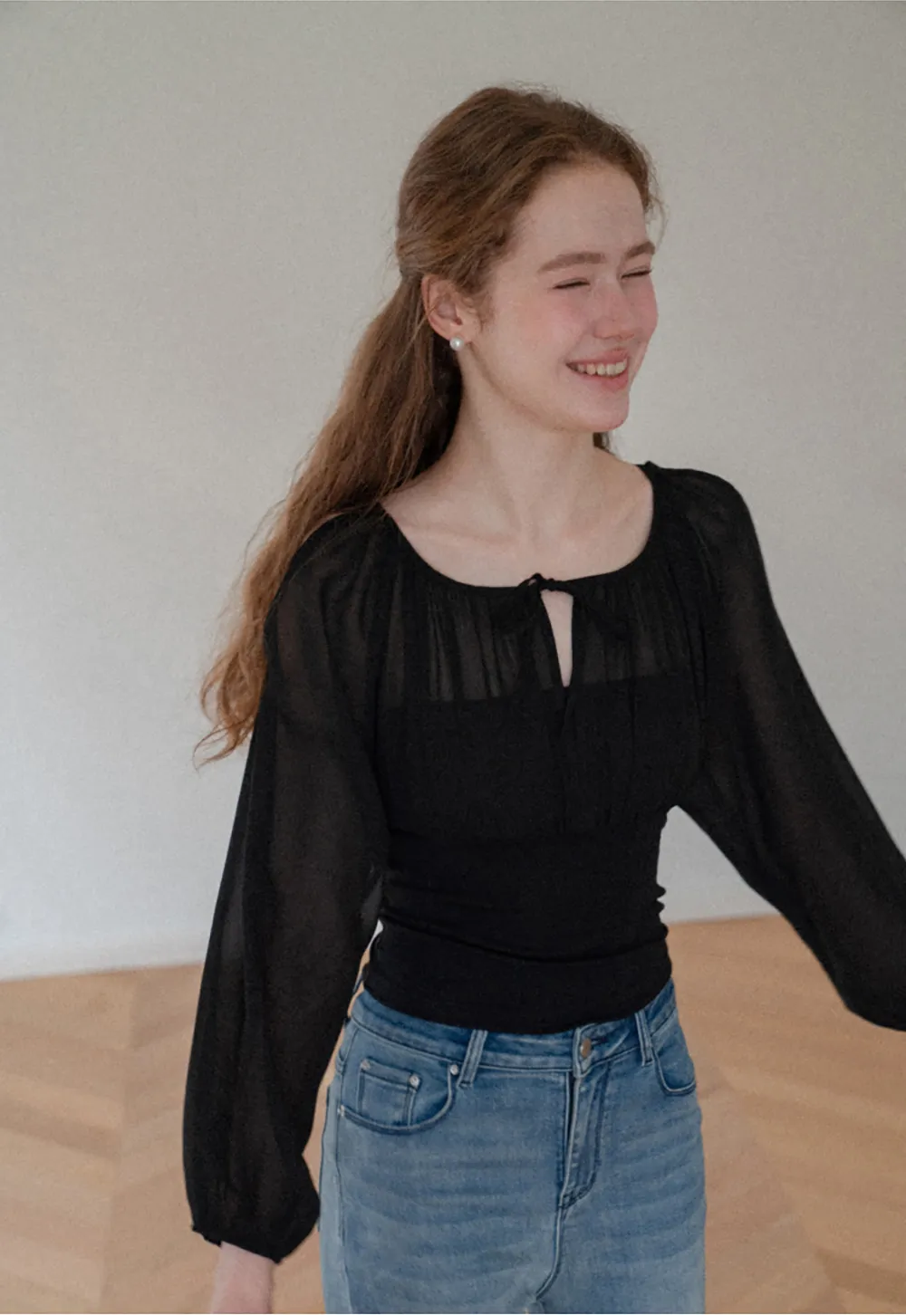 Sheer Long Sleeve Cold Shoulder Blouse