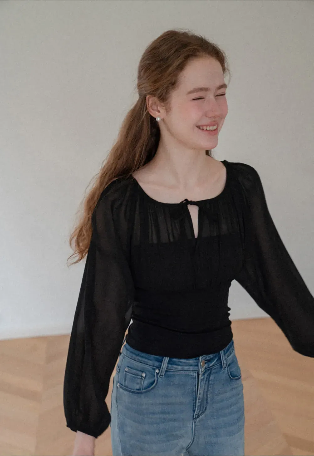 Sheer Long Sleeve Cold Shoulder Blouse