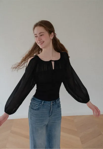 Sheer Long Sleeve Cold Shoulder Blouse