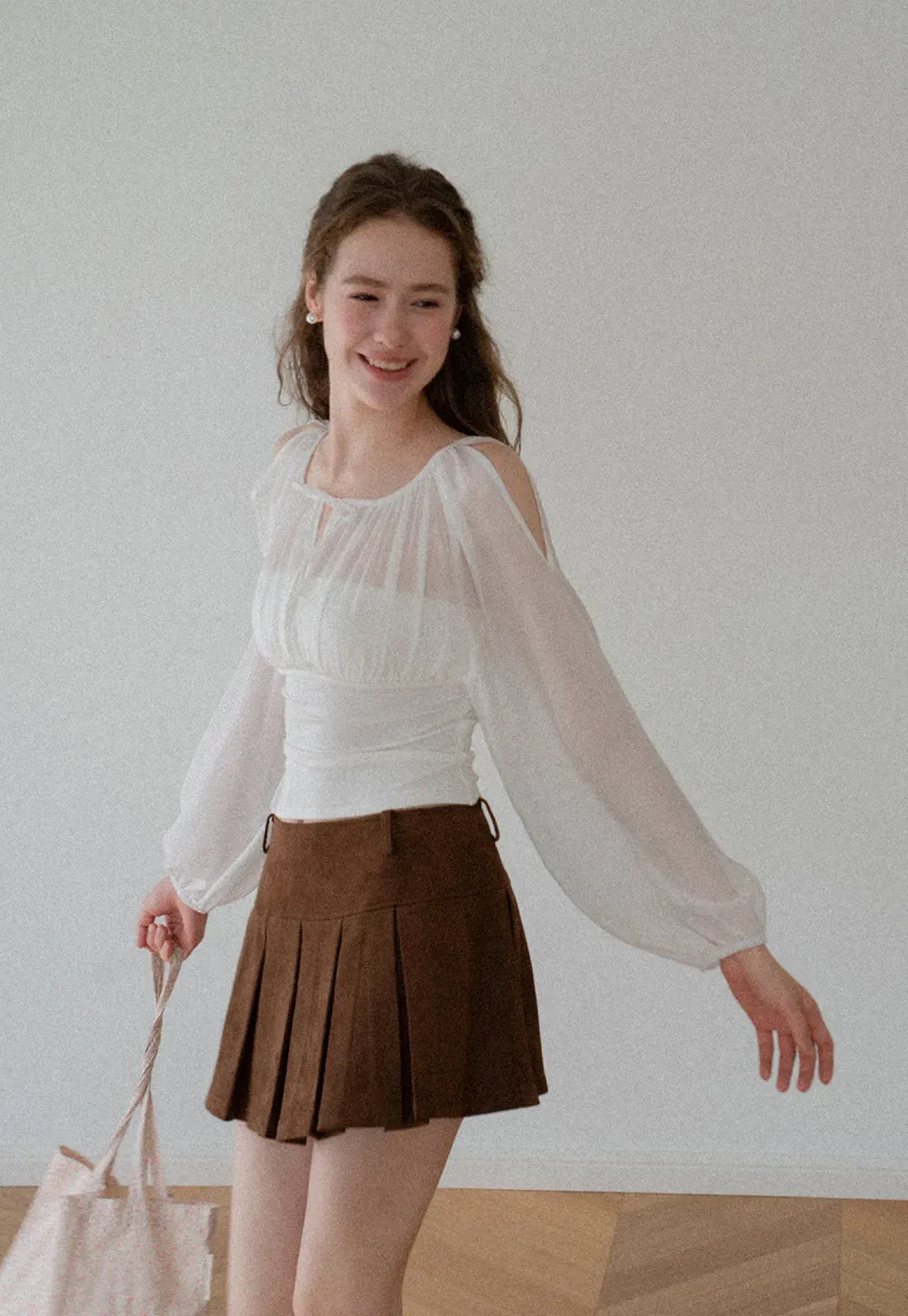Sheer Long Sleeve Cold Shoulder Blouse