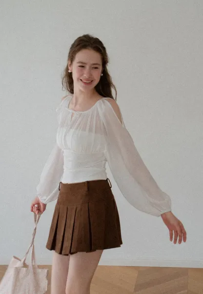Sheer Long Sleeve Cold Shoulder Blouse