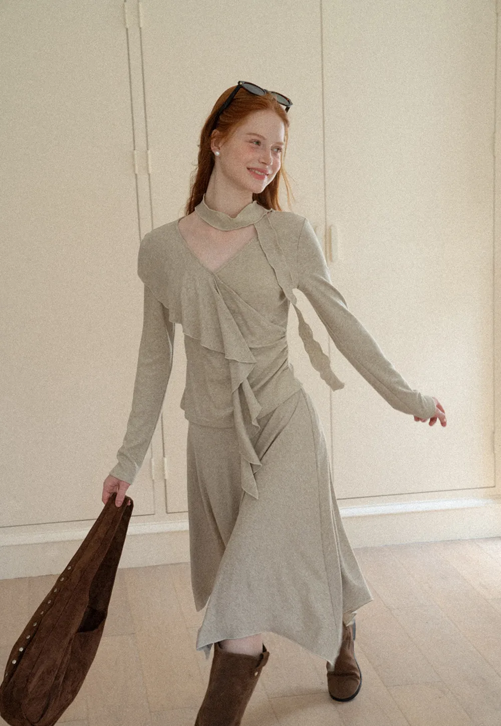 Ruffled Wrap Front Long Sleeve Top and Asymmetrical Skirt
