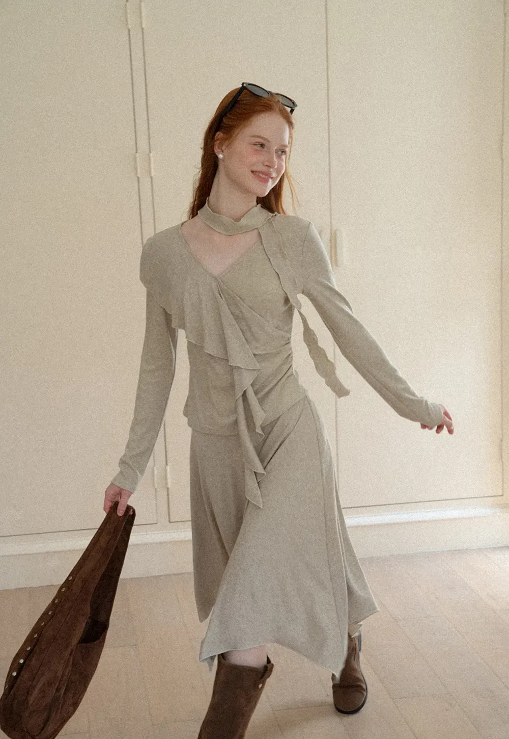 Ruffled Wrap Front Long Sleeve Top and Asymmetrical Skirt