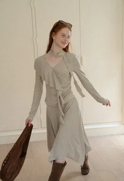 Ruffled Wrap Front Long Sleeve Top and Asymmetrical Skirt