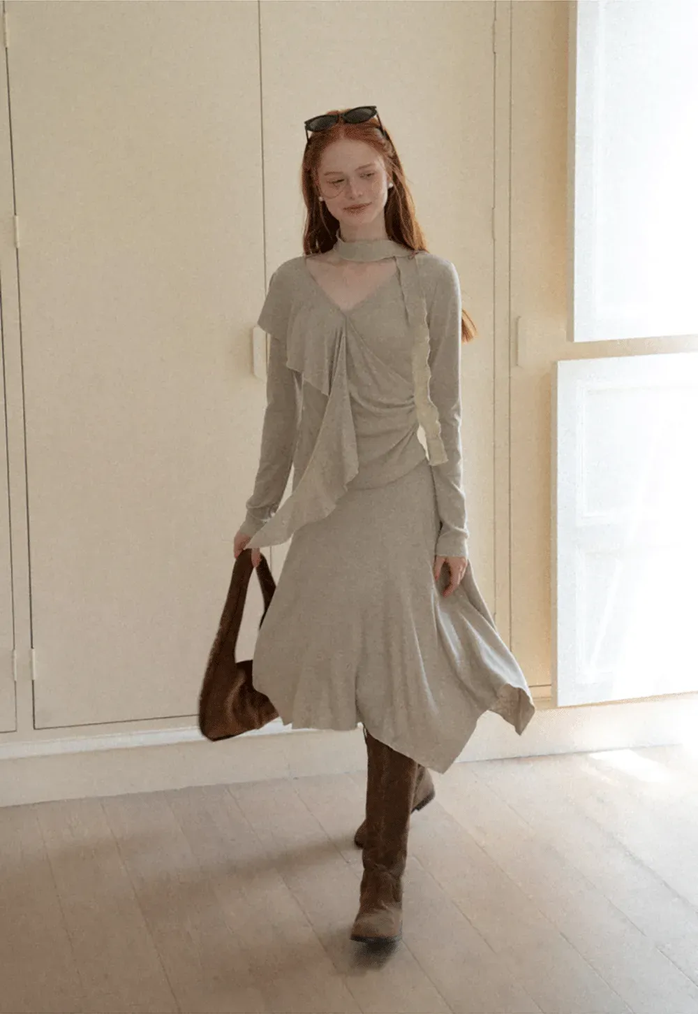 Ruffled Wrap Front Long Sleeve Top and Asymmetrical Skirt