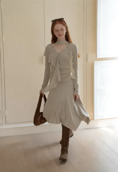 Ruffled Wrap Front Long Sleeve Top and Asymmetrical Skirt