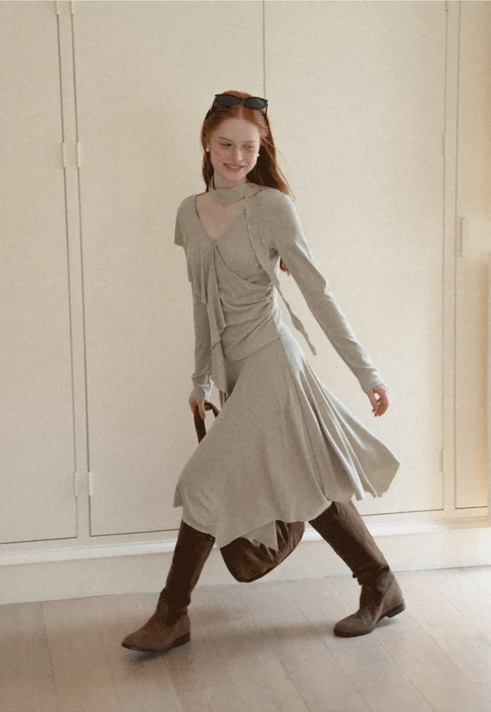 Ruffled Wrap Front Long Sleeve Top and Asymmetrical Skirt